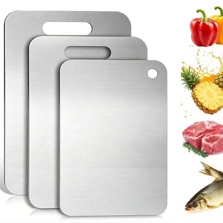 Titan Schneidebrett Set, 3 Stück Schneidebrett Edelstahl, Doppelseitiges Schneidebretter für Fleisch