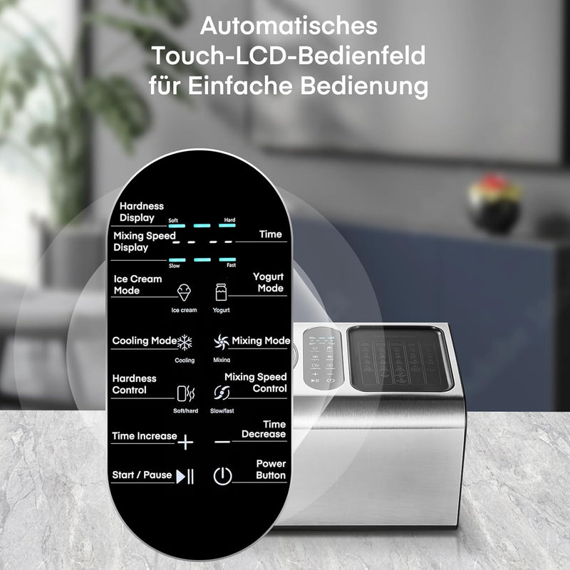 3-in-1 Eismaschine & Joghurtbereiter 2 L, 180 W Eiscrememaschine aus Edelstahl mit Kühl- u. Heizfunk