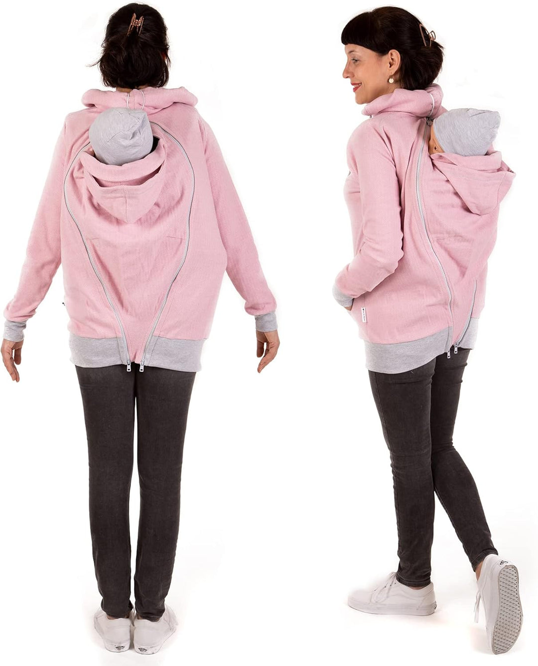 Viva la Mama 3in1 leichte Tragejacke für Mama und Baby, Umstandsjacke - CLEO XS Rosa - Vorn und Hint