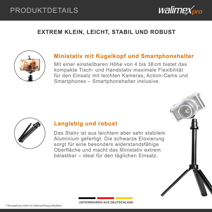 Walimex pro Easy 38 Tischstativ und Kamerastativ, höhenverstellbares Tripod Stativ 4-38 cm für Kamer