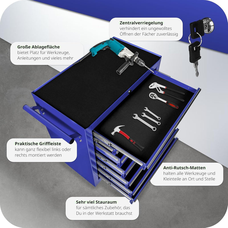 tectake Werkzeugwagen, Werkstattwagen, rollende Werkstatt, Werkzeugwagen leer, Werkzeugbox, 7 Schubf