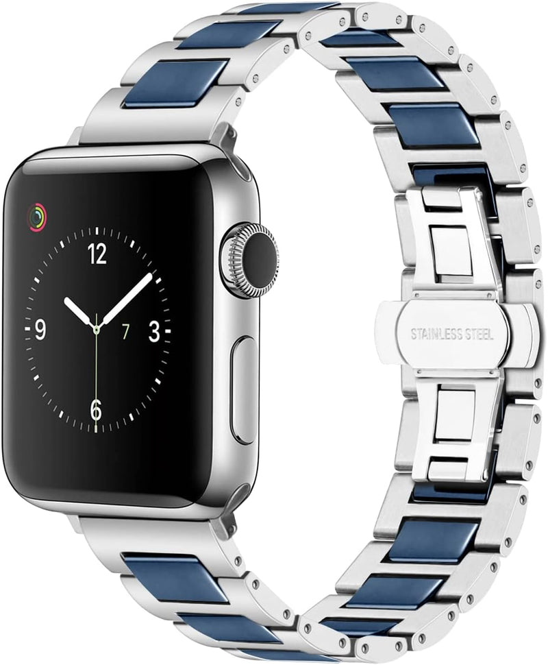 YISIWERA 38mm 40mm 41mm Armband Kompatibel für Apple Watch Blau Keramik Silber Metall Armband 49mm 4