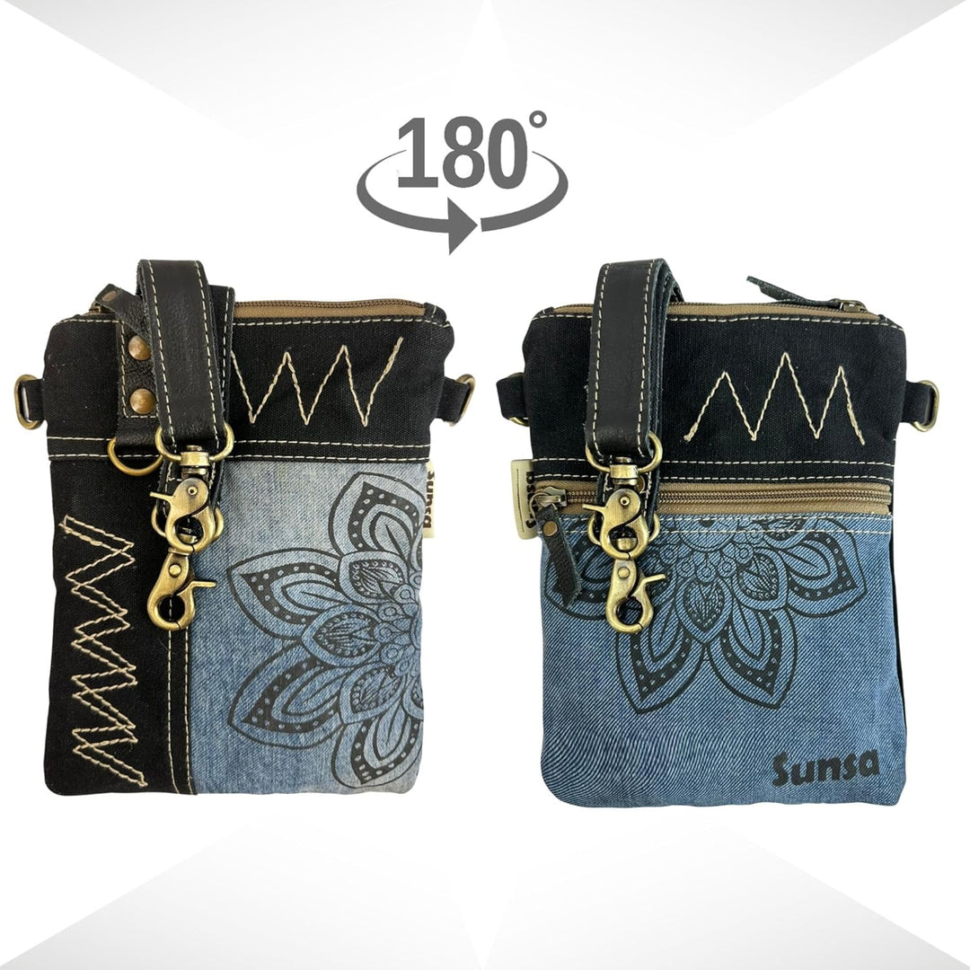 Sunsa Damen kleine Umhängetasche. Nachhaltige Tasche aus recycelte Jeans & Leder. Crossover bag in V