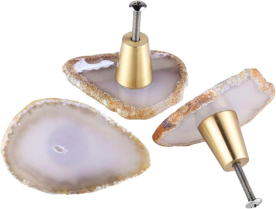 KYEYGWO 4 Stück Natürliche Farbe Unregelmässig Achat Scheiben Möbelknöpfe mit Schraube, Messing Schu