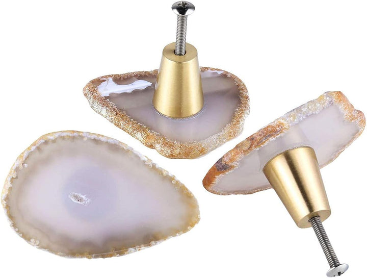 KYEYGWO 4 Stück Natürliche Farbe Unregelmässig Achat Scheiben Möbelknöpfe mit Schraube, Messing Schu