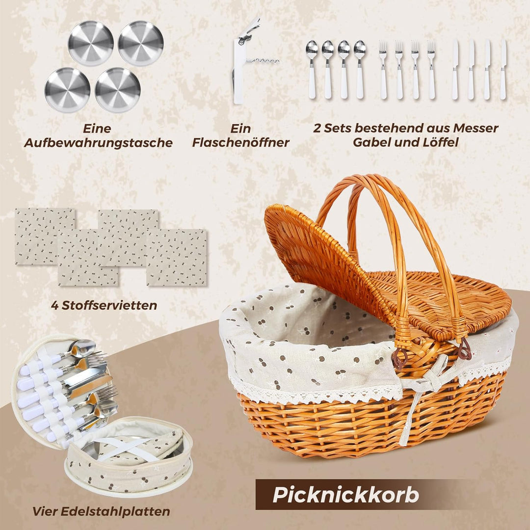 Picknickkorb-Set aus Weide für 4 Personen mit Deckel und Griff. Picknickkorb mit waschbarem Futter u