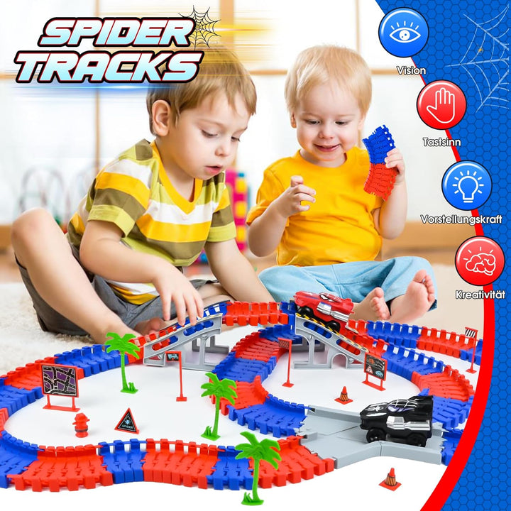 PATEMZON Autorennbahn Spielzeug, Spide Triebwagen, Autobahn Spielzeug mit 2 Autos, 208 PCS Flexibel
