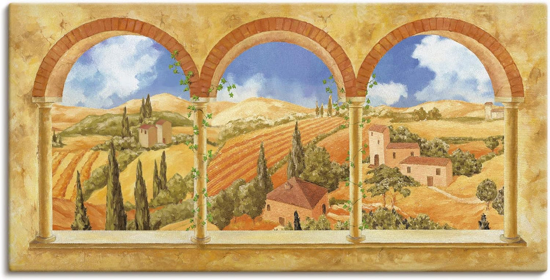 Artland Leinwandbild Wandbild Bild auf Leinwand 60x30 cm Wanddeko Fensterblick Fenster Toskana Lands