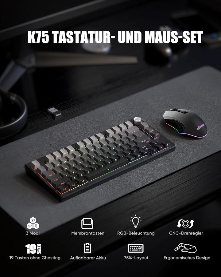 RedThunder K75 Gaming Tastatur und Maus Set Kabellos, 75% US Layout, Seitliche TKL Membrantastatur,