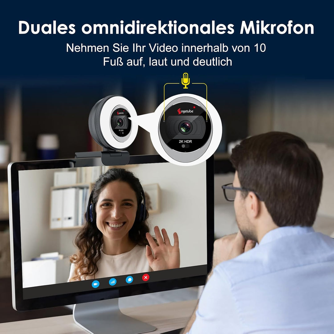 Angetube Streaming Webcam 2K mit Ringlicht, 1080P PC Kamera mit Steuerung | Dual-Stereo-Mikrofon, Pr