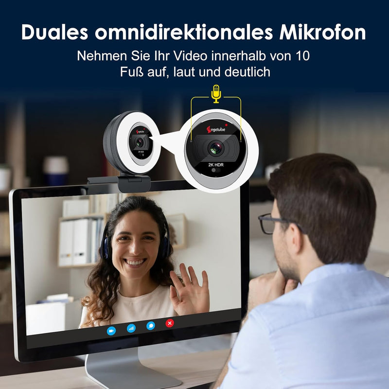 Angetube Streaming Webcam, 2K Webcam mit Ringlicht, 1080P HDR PC-Kamera mit Steuerung, Dual-Stereo-M