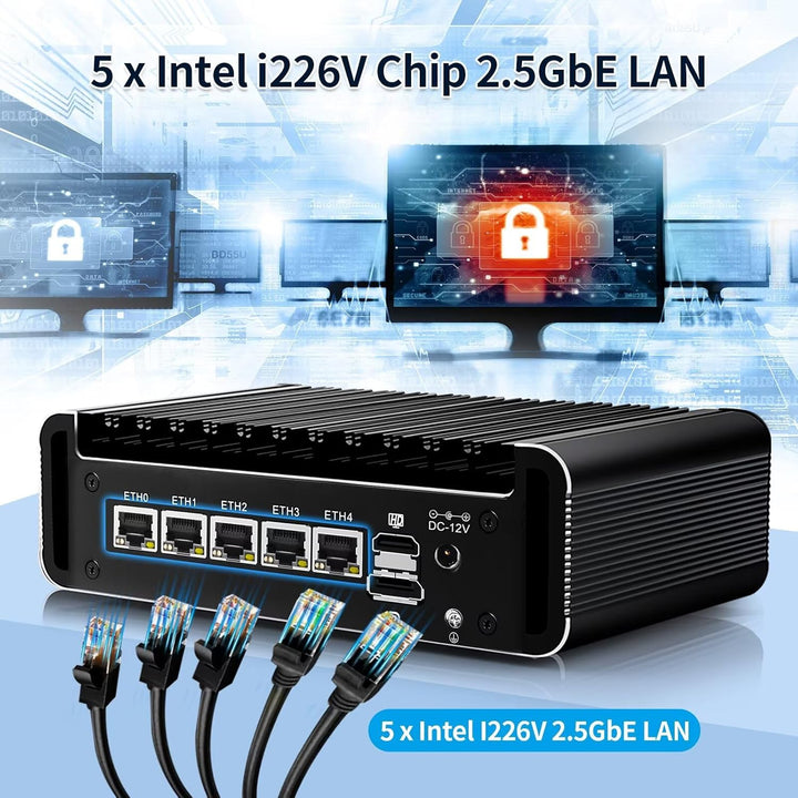 Firewall Mini PC J6413 4 Core, 5 x i226V 2.5GbE LAN Fanless OPNsense Micro Appliance, Barebone, AES-