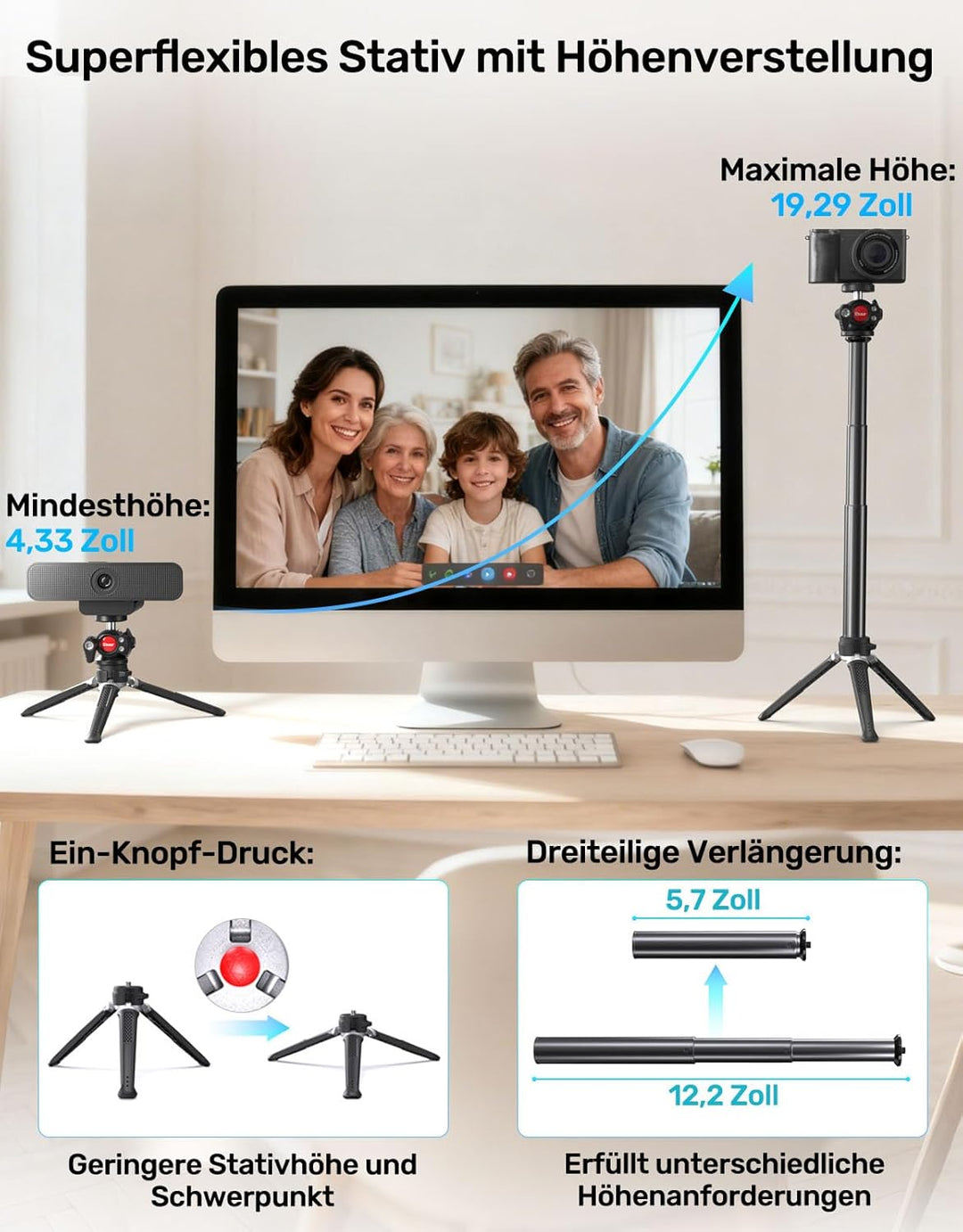Webcam Halterungen Ständer, höhenverstellbares Stativ mit 360°-Schwenkkopf für Kamera/Smartphone, fü