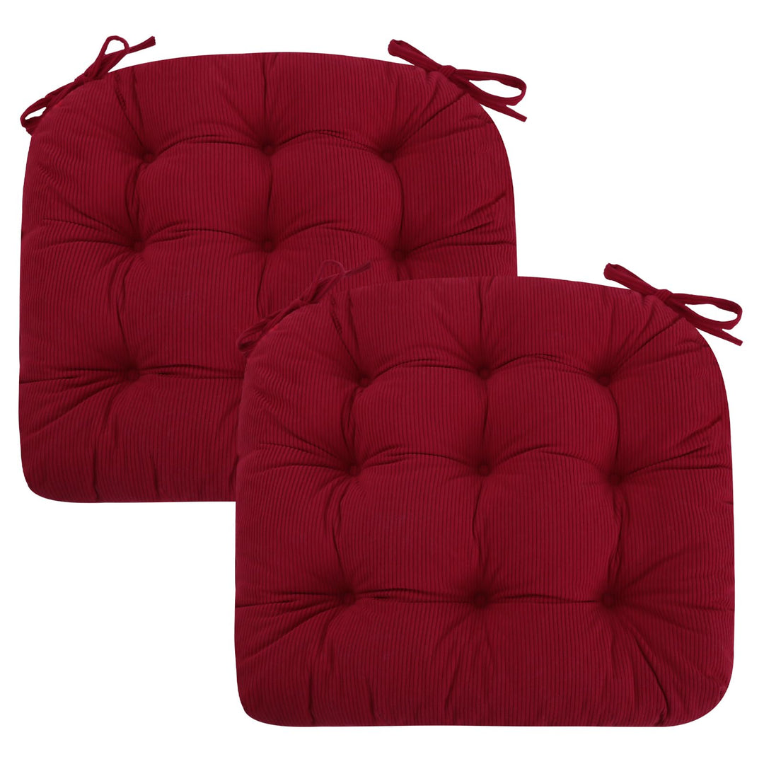 2er Set Stuhlkissen, 45x45x7 cm, Rot – Bequeme Sitzkissen aus Cordstoff und Kristallsamt mit Bindebä