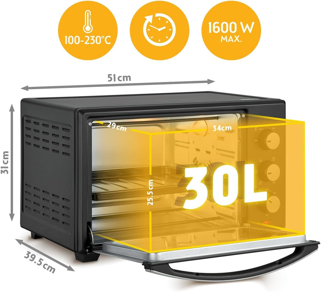 TZS First Austria - 30 Liter Minibackofen mit 1600 Watt schwarz| Unter-Oberhitze bis 230 Grad stufen