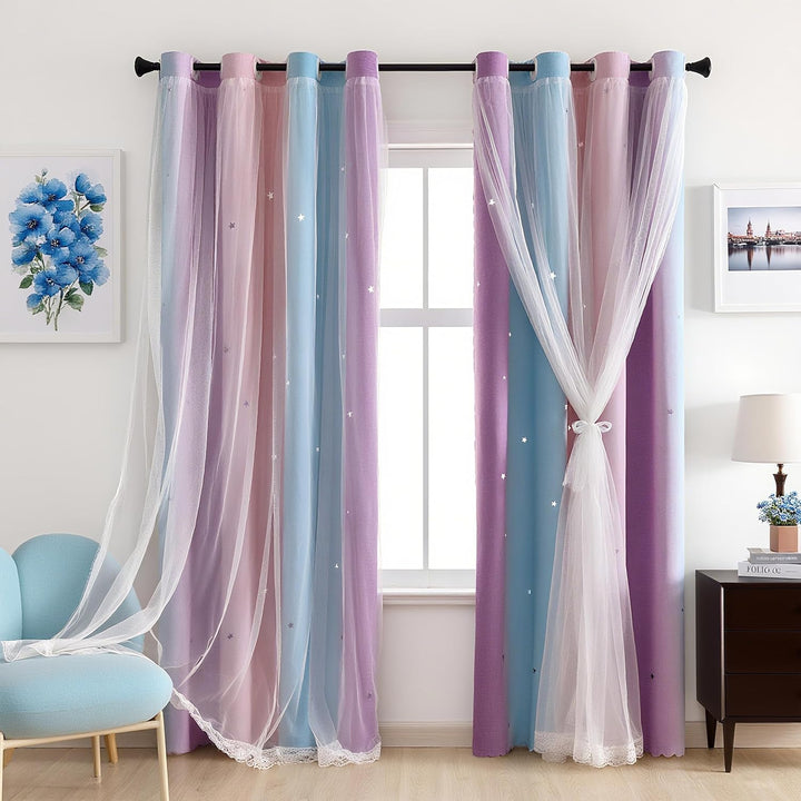 Freyamy Gardinen Lila Blau Weiss Glänzend Sterne Vorhänge Blickdicht Kinderzimmer Halbtransparent H