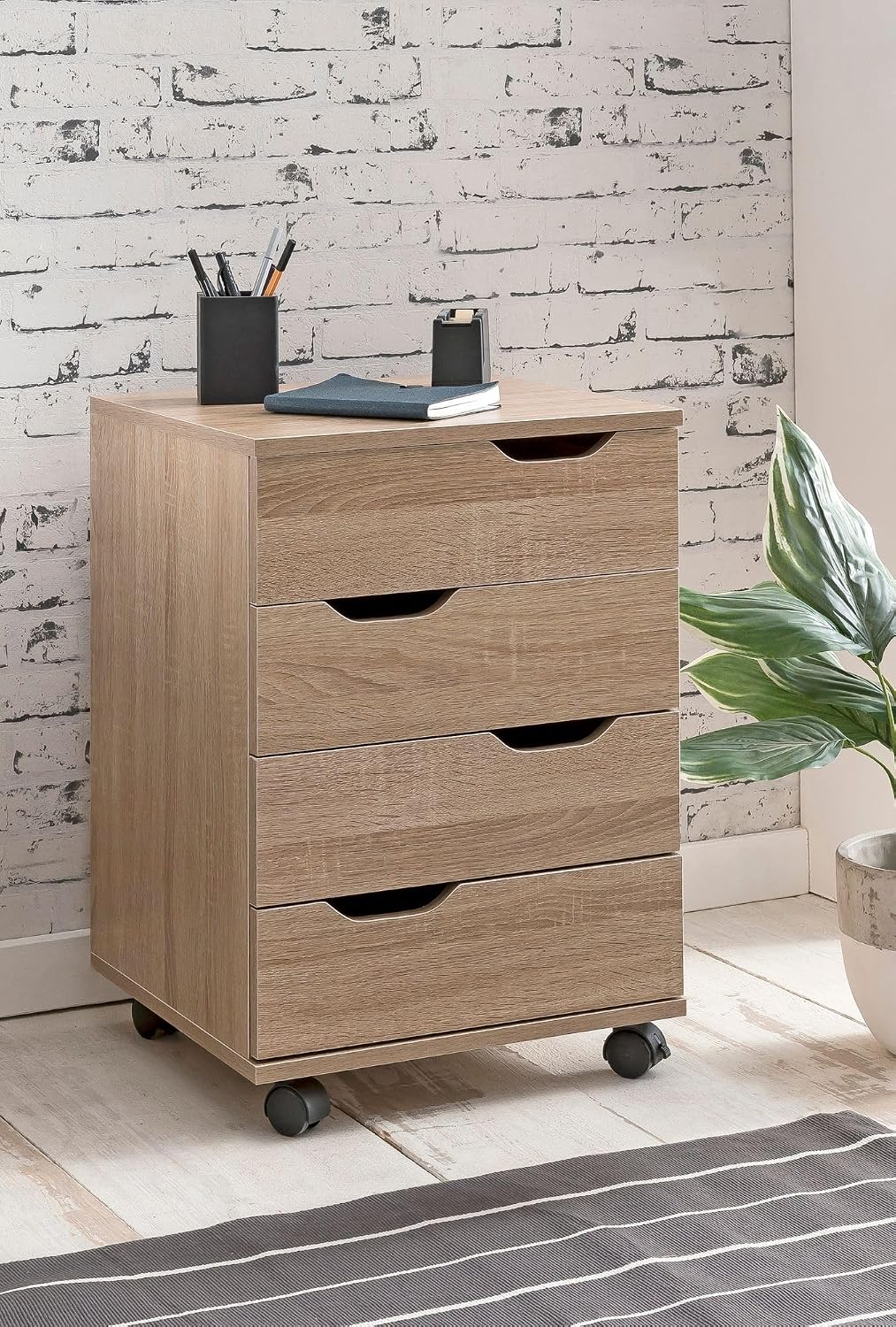 Wohnling Rollcontainer 40x40x60 cm Sonoma mit Schubladen | Schreibtischcontainer mit 4 geräumigen Sc
