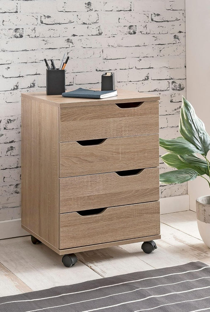 Wohnling Rollcontainer 40x40x60 cm Sonoma mit Schubladen | Schreibtischcontainer mit 4 geräumigen Sc