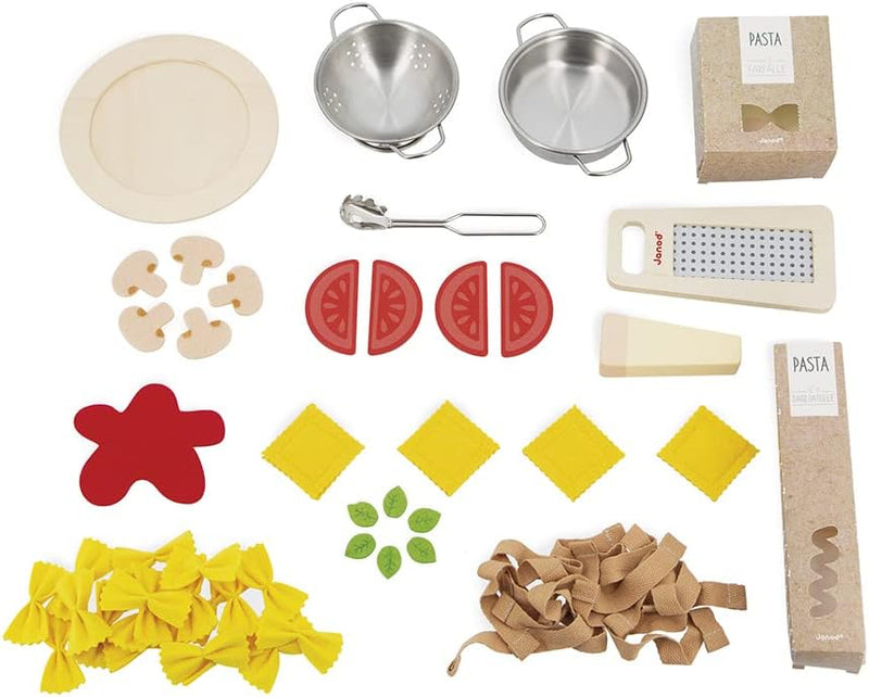 Janod - Pasta-Mix - Nudel-Set- Rollenspielzeug Küche und Essgeschirr - 58 Elemente aus Holz, Pappe u