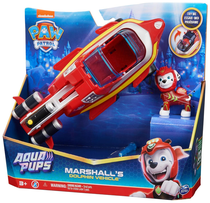 PAW PATROL, Aqua Pups - Basis Fahrzeug Spielzeugauto im Delfin-Design mit Marshall Welpenfigur, Spie