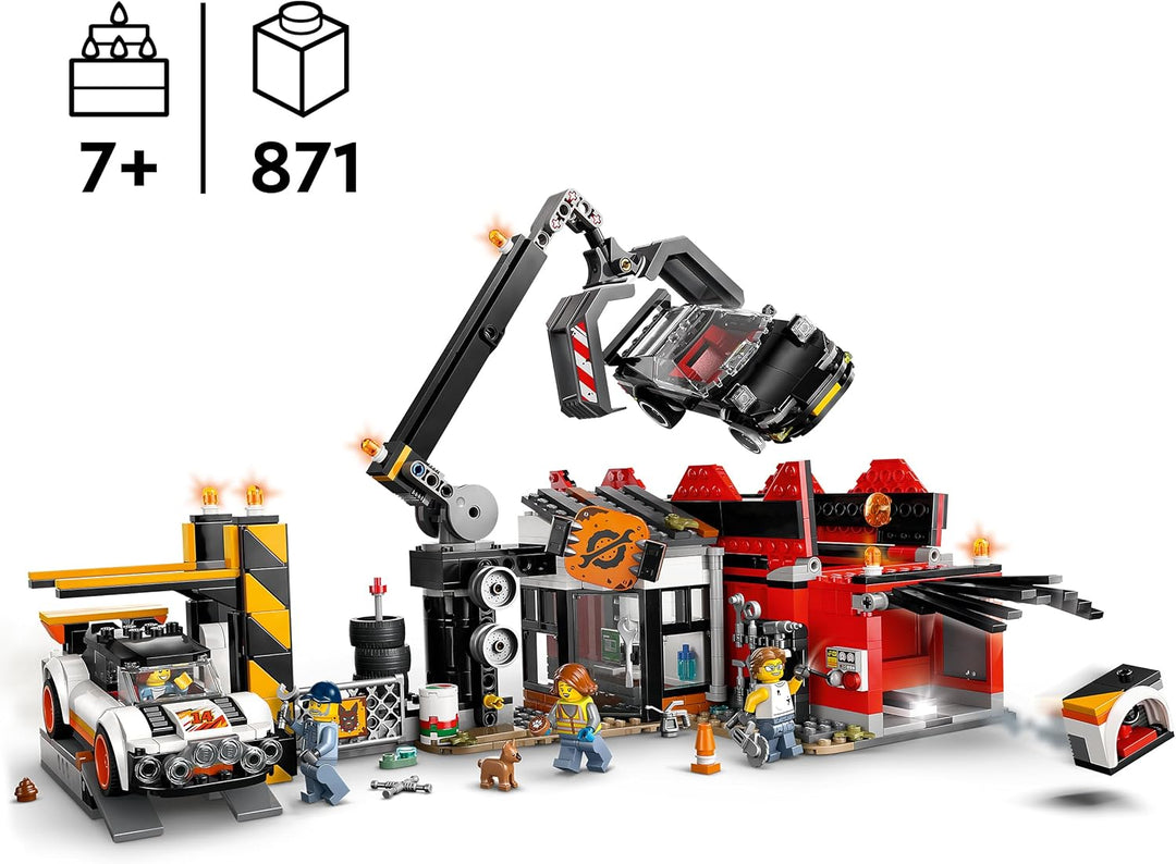 LEGO City Schrottplatz mit Autos - Spielzeug mit Schrottpresse und Kran, 2 Spielzeugautos, 4 Arbeite