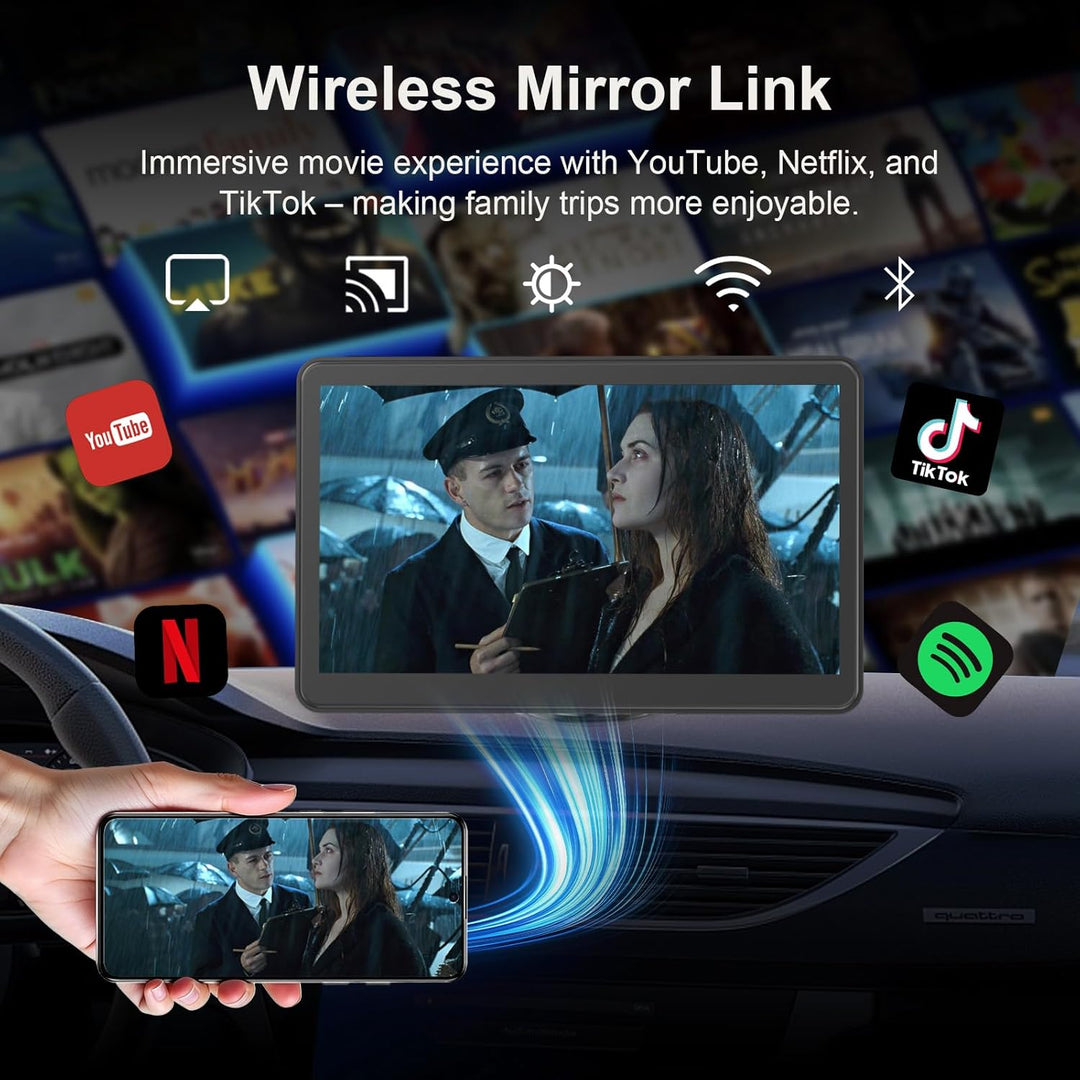 7" Drahtloses Tragbares Car Play Display für Apple CarPlay & Android Auto mit Bluetooth, Mirror Link