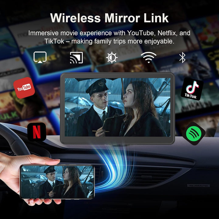 7" Drahtloses Tragbares Car Play Display für Apple CarPlay & Android Auto mit Bluetooth, Mirror Link