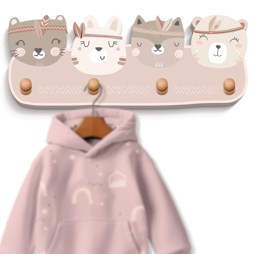 Kindergarderobe mit 4 Haken - Wandgarderobe mit Tiermotiven für Kinderzimmer - Garderobenhaken aus H