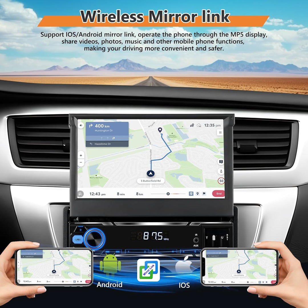 Single Din 4GB+64GB Autoradio mit kabellosem CarPlay Android Auto, 7" Flip Out 1 Din Car Stereo mit