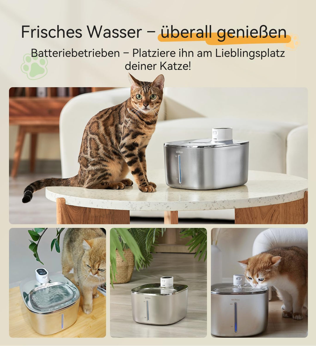 WILKIEE Katzenbrunnen Edelstahl,4,1 L Trinkbrunnen für Katze Kabellos, 4000mAh Akku katzenbrunnen mi