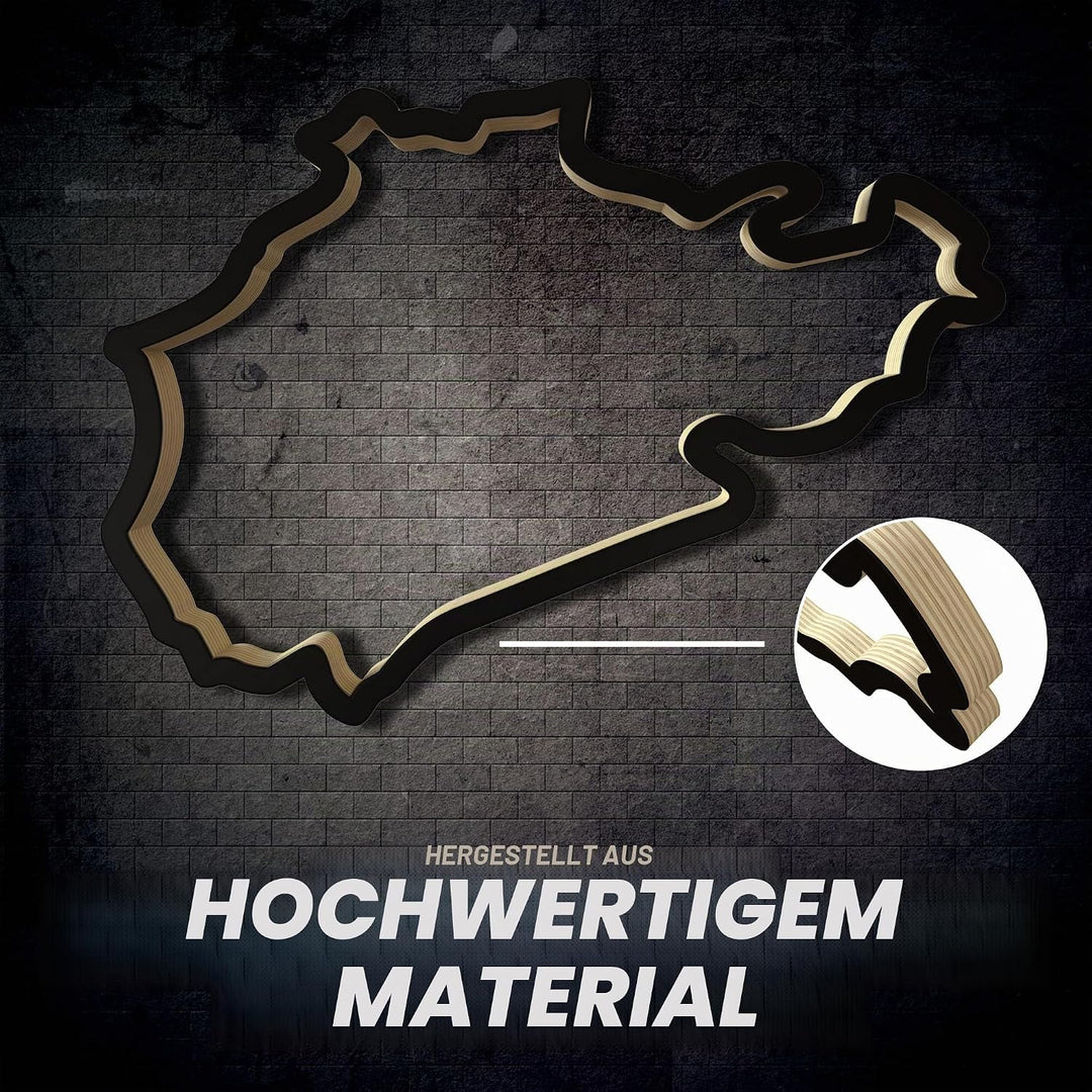 Racetrackart Holzskulptur Deko – Rennstrecke Nürburgring Nordschleife, Wandverzierung, 23 cm, Holzsk