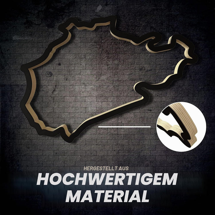 Racetrackart Holzskulptur Deko – Rennstrecke Nürburgring Nordschleife, Wandverzierung, 23 cm, Holzsk
