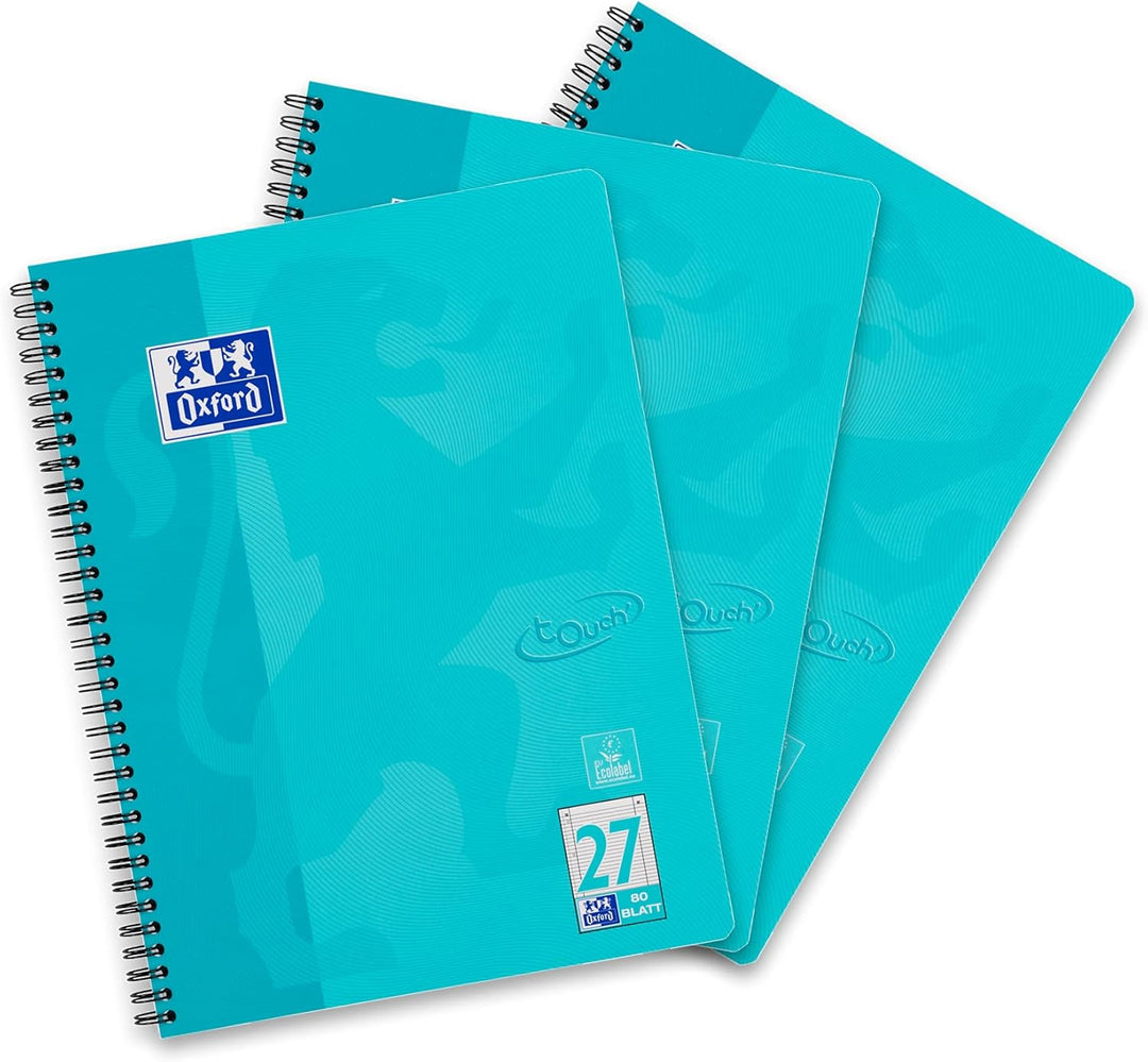 Oxford Touch Collegeblock A4 liniert, mit Doppelrand, 80 Blatt, aqua, 3 Stück liniert, türkis Single