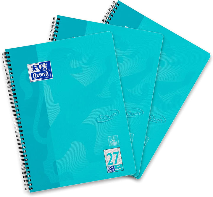 Oxford Touch Collegeblock A4 liniert, mit Doppelrand, 80 Blatt, aqua, 3 Stück liniert, türkis Single