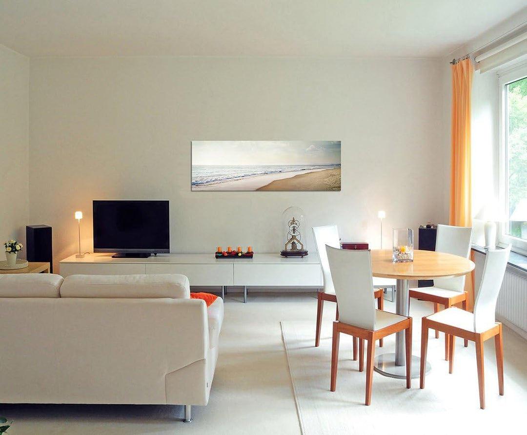 Paul Sinus Art Panoramabild auf Leinwand und Keilrahmen 150x50cm Strand Meer Wolkenhimmel Vintage