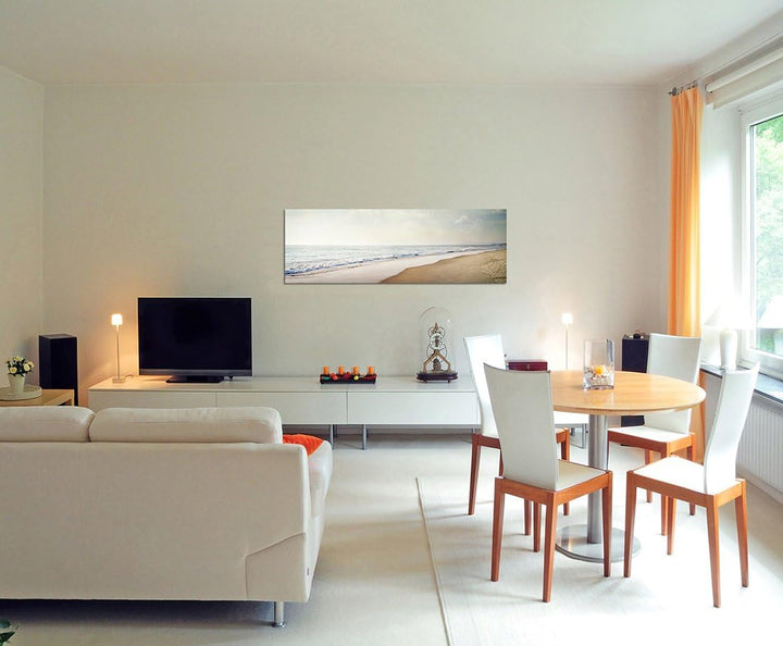Paul Sinus Art Panoramabild auf Leinwand und Keilrahmen 150x50cm Strand Meer Wolkenhimmel Vintage