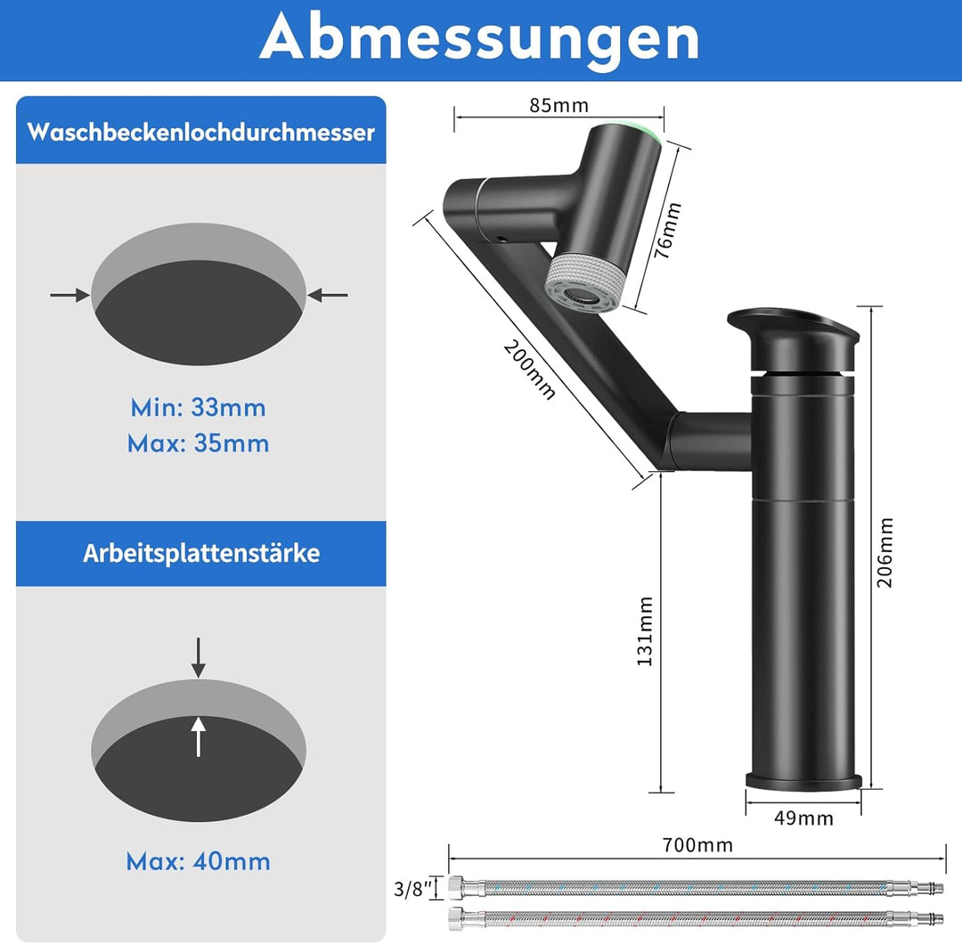 JONKEAN Wasserhahn Bad mit Temperaturanzeige(Batterielos), 1080° Drehbar Einhebelmischer Waschbecken