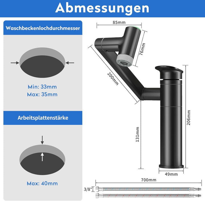 JONKEAN Wasserhahn Bad mit Temperaturanzeige(Batterielos), 1080° Drehbar Einhebelmischer Waschbecken