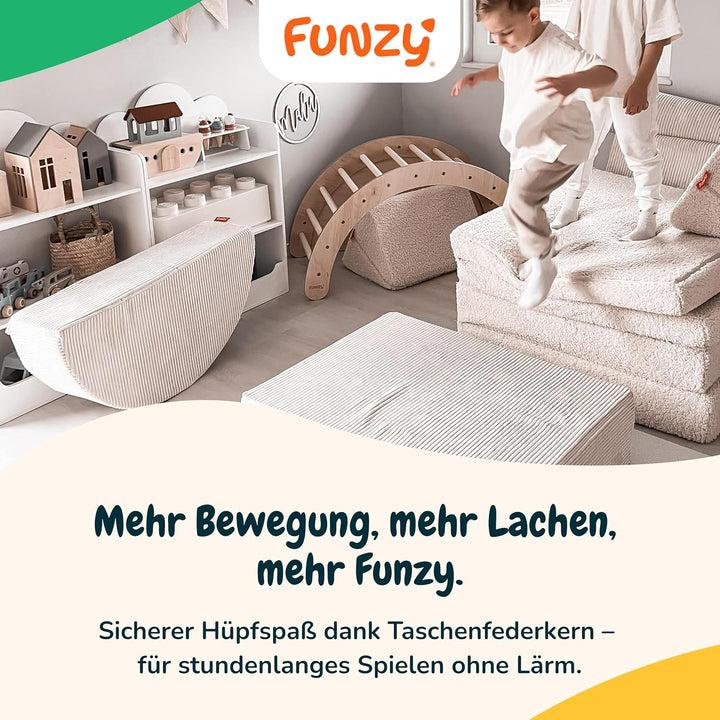 Funzy Hüpfpolster für Kinder – Hüpfmatratze mit Taschenfederkern, Sicherer & leiser Hüpfspass, Cord-
