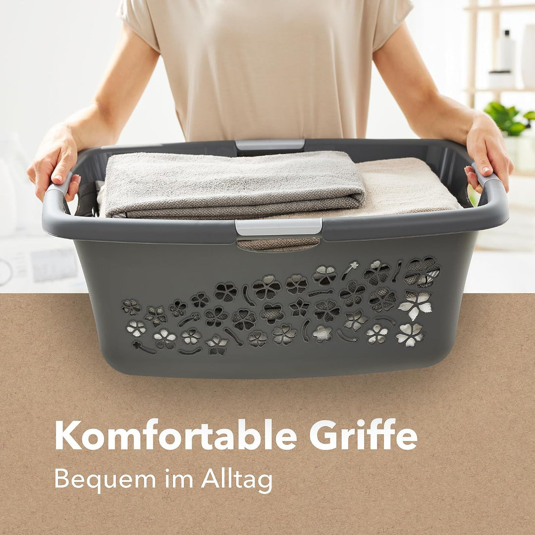 Rotho 3er-Set Wäschekorb Flowers 50l, Kunststoff (PP) BPA-frei, anthrazit, 3x50l, (65,1 x 49 x 26,2