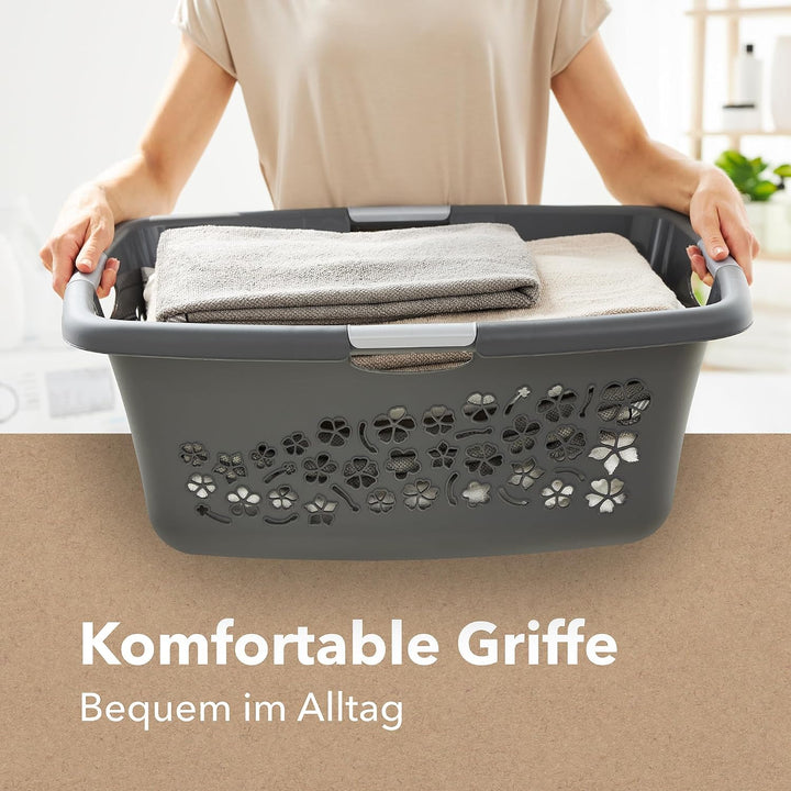 Rotho 3er-Set Wäschekorb Flowers 50l, Kunststoff (PP) BPA-frei, anthrazit, 3x50l, (65,1 x 49 x 26,2