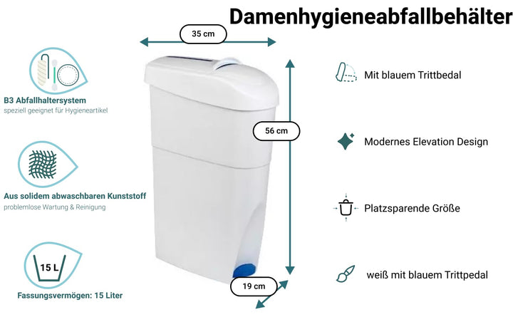 Damenhygiene-Behälter mit Fusspedal 15 Liter | Geschlossener Damenhygiene-Abfallbehälter, Fusspedal,