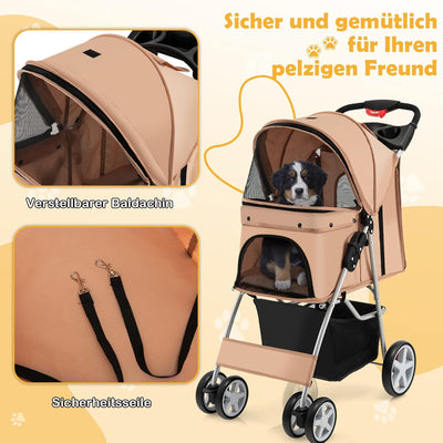 COSTWAY Hundewagen Haustiere Buggy bis 15kg, Hundebuggy mit Netzfenstern & Getränkehalter & Anhänger