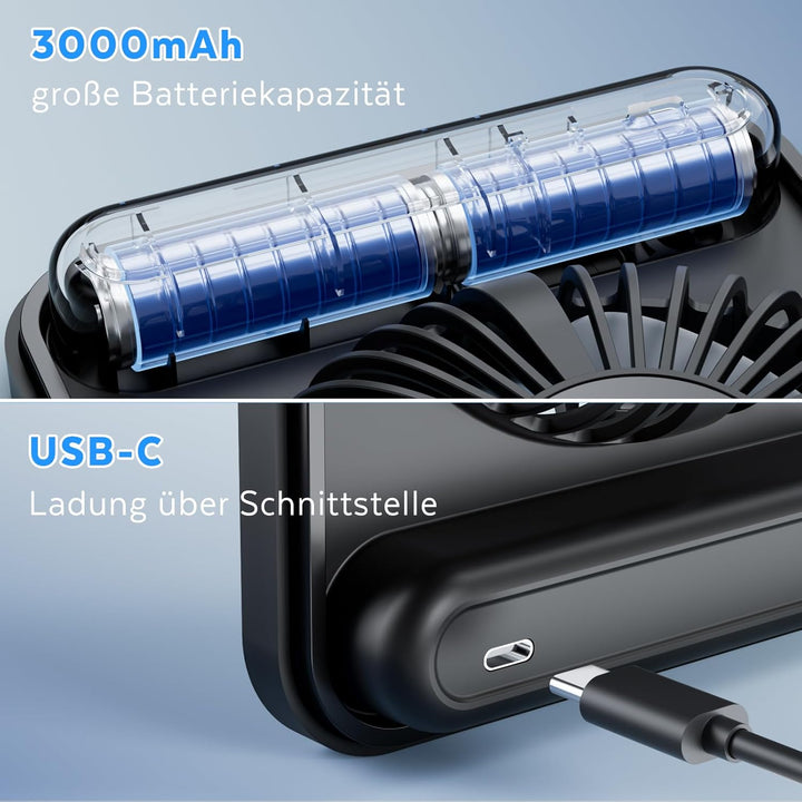 Klein Tischventilator USB Leise Ventilator Akku 3600mAh 5 Geschwindigkeiten 180°Einstellbar Tragbare