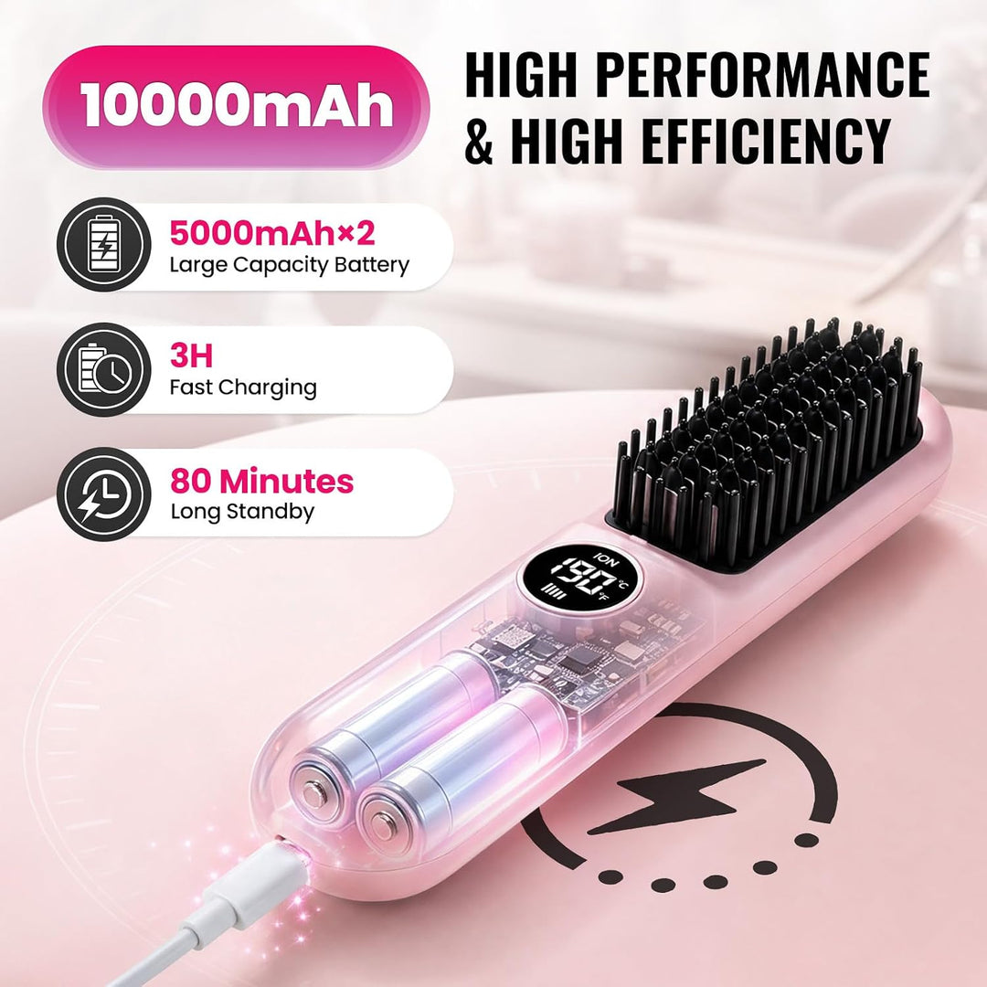 Stylingbürste für Kurze Haar, Kabellos Haarglätter Bürste, 10000mAh | Glättbürste Kabellos mit 10 Te