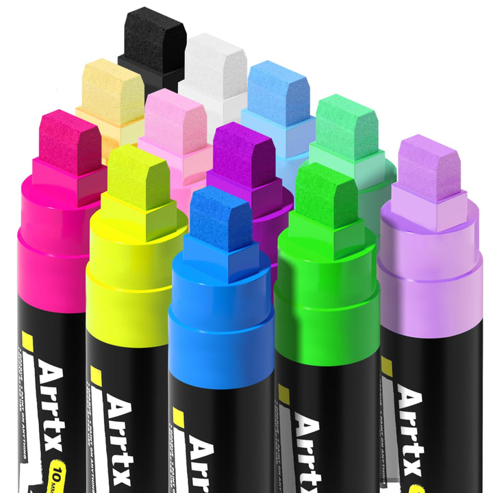 Arrtx Acrylstifte Marker 12 Stück Keil-Spitze 10mm für breite Markierungen - wasserfest, schnell-tro