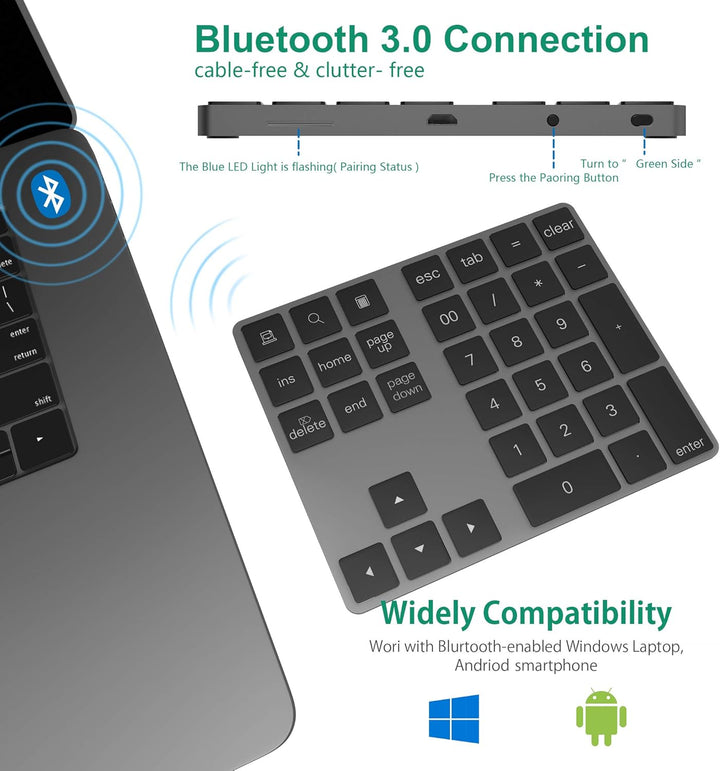 Bluetooth Ziffernblock 34-Tasten kabellos Bluetooth Numpad wiederaufladbar Tastatur Numerische Tasta
