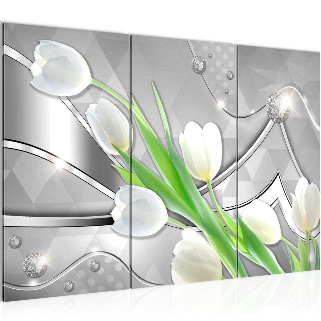Runa Art Wandbilder Blumen Tulpen Bild XXL Wohnzimmer Schlafzimmer Grau Grün Diamant 120 x 80 cm 3 T