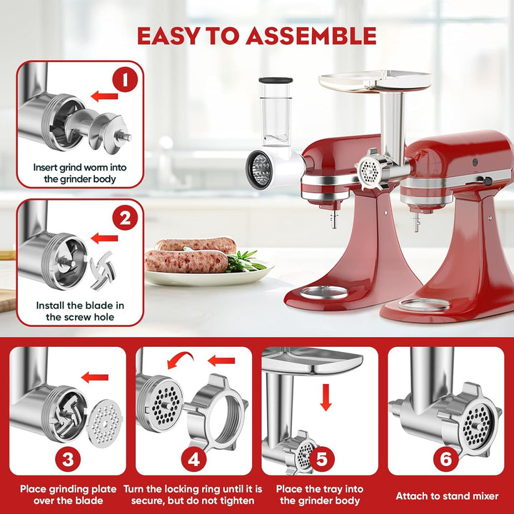 COFUN Fleischwolf Aufsatz für Kitchenaid Zubehör, Metall Fleischwolf Satz mit 4 Mahlscheibe 3 Wurstf
