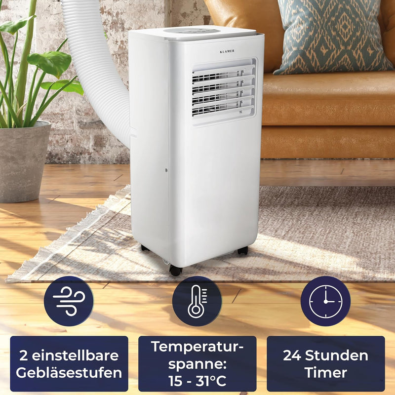 KLAMER Mobile Klimaanlage mit Abluftschlauch und Wassertank, 7000 BTU/h, 3-in-1 Klimagerät für Räume